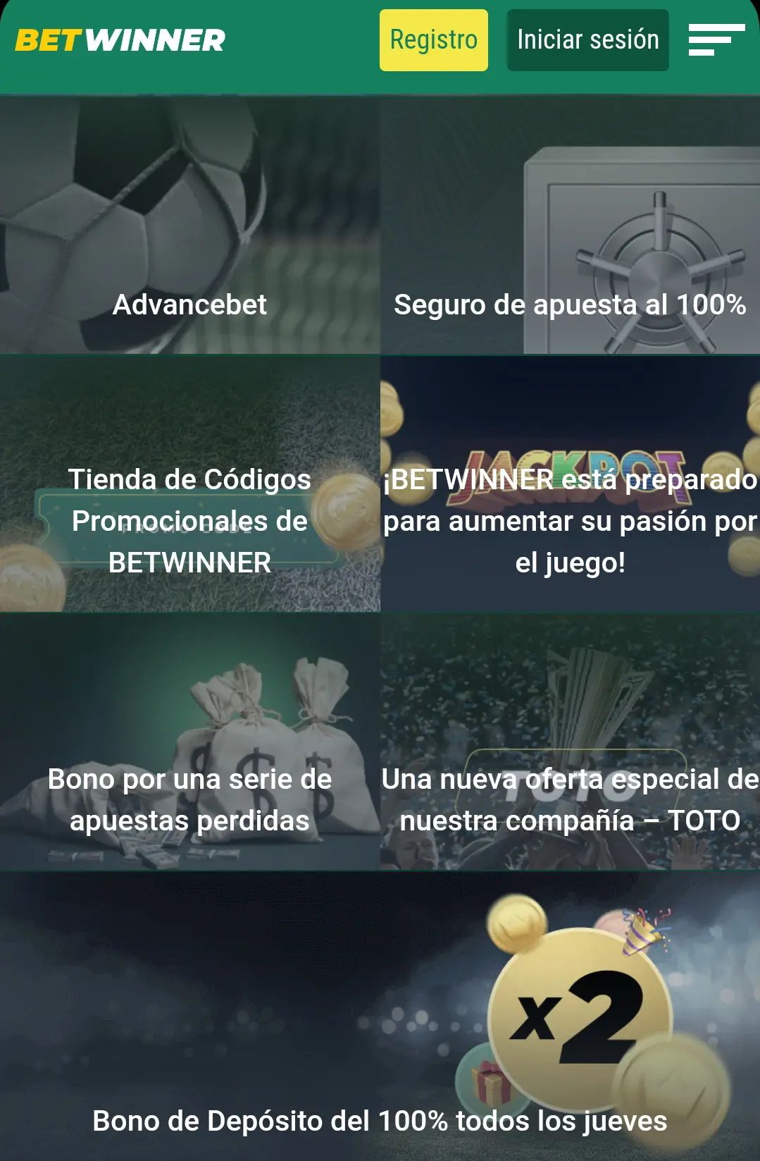 Interfaz del bono de bienvenida de Betwinner España mostrando opciones de apuesta y casino