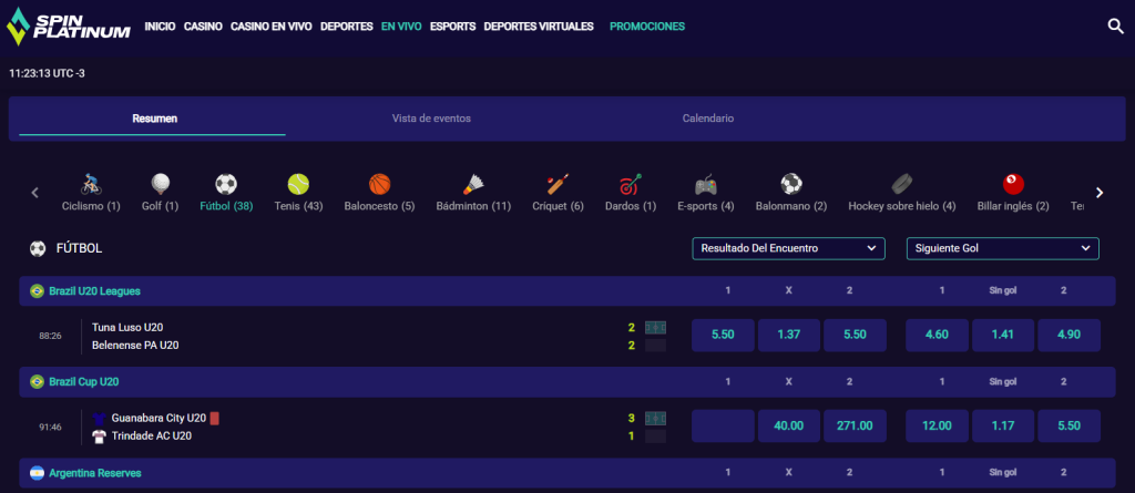 apuestas en vivo en SpinPlatinum